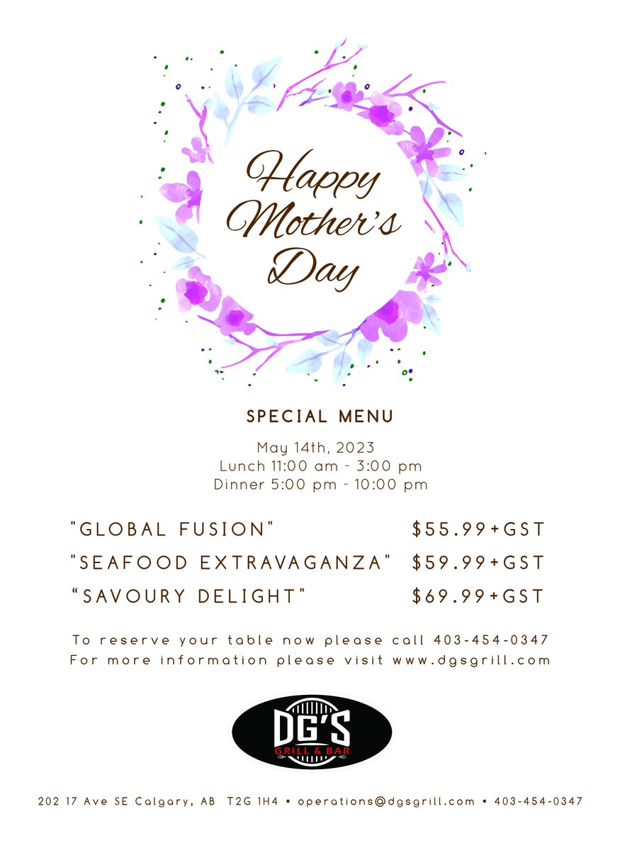 This Mother's Day, treat your mom to a special experience with our Mother's Day event at DG's Grill and Bar. RSVP now at 403 454 0347https://www.dgsgrill.com
#CelebrateMom #MothersDay2023 #CalgaryEats #CalgaryRestaurants #CalgaryDining #YYCfoodies #YYCdining #YYCfood #YYCnow