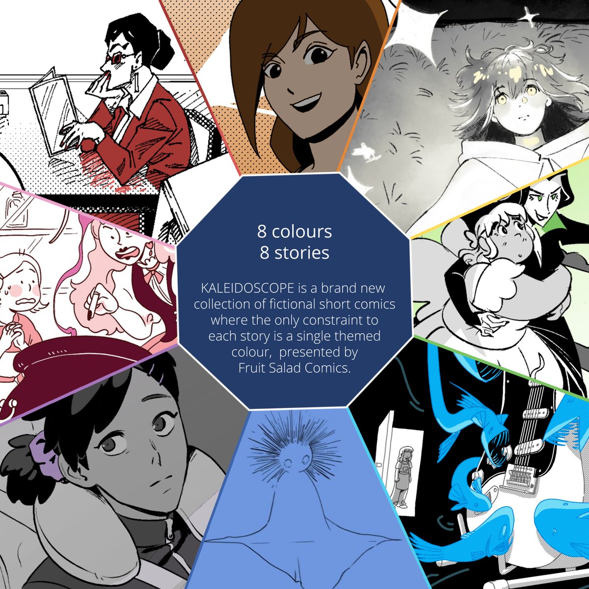 🌈 DEBUTING at VANCAF 2023 🌈

KALEIDOSCOPE - 8 short comics about colour!
8 artists, 112 pages, perfect bound in lovely softcover

Fruit Salad Comics is alive and we're so excited to finally share this one!! It's been a real labour of love and I hope y'all look forward to it 😍