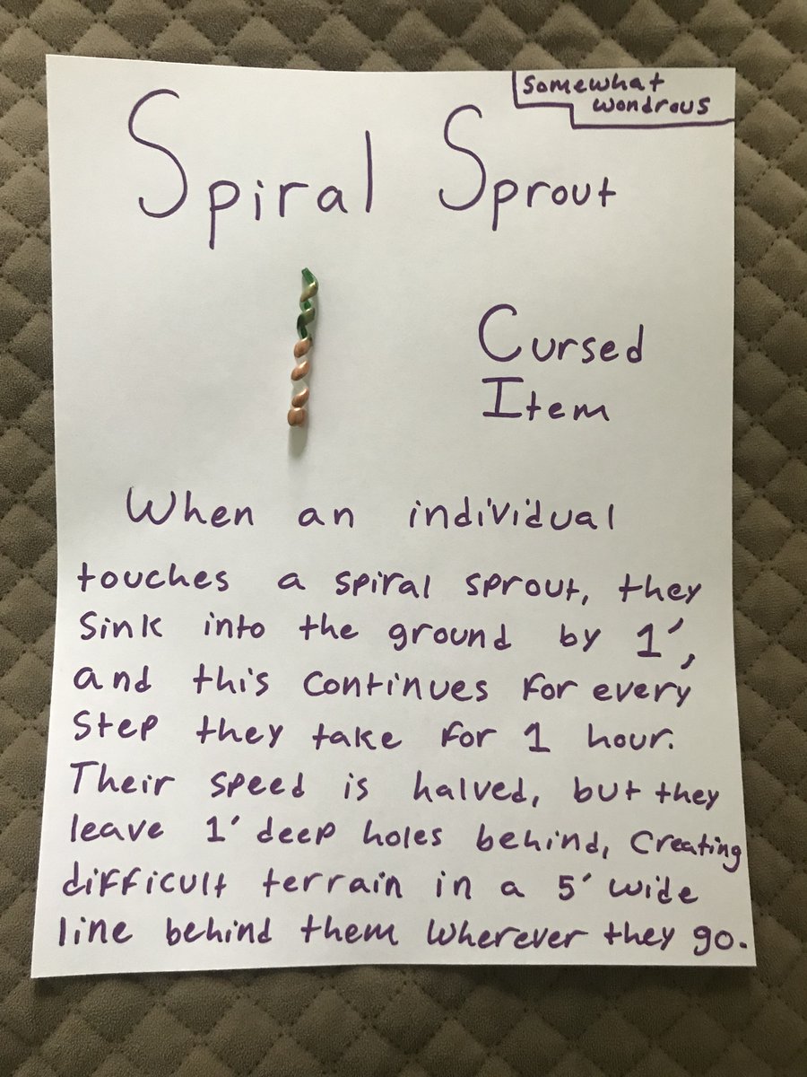 Spiral Sprout: Cursed Item

#dnd #dnd5e #dndhomebrew #dndart #dungeonsanddragons #dungeonsanddragons5e #dungeonsanddragonshomebrew #dungeonsanddragonsart #art #diy #wondrousitem #magicitem #magicitems