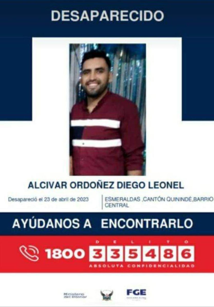 radio_pichincha's tweet photo. 🔴#ATENCIÓN | Diego Leonel Alcivar Ordóñez está reportado como desaparecido. Fue visto por última vez el pasado 23 de abril en Quinindé, provincia de #Esmeraldas. Si tienes alguna información sobre su paradero comunícate al 1800 (335486). ⬇️ https://t.co/qotV0AANkj