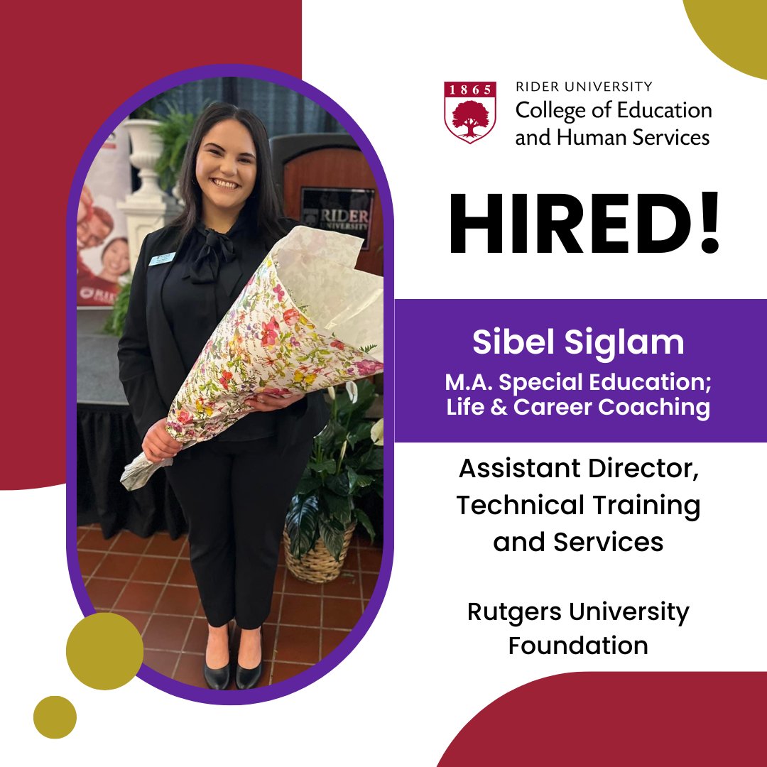 Rider College of Education & Human Services (@ridercehs) on Twitter photo Congratulations to M.A. Special Education and Life and Career Coaching program completer, Sibel Siglam! Sibel has been hired as the Assistant Director for Technical Training and Services at the <a href="/RU_Foundation/">Rutgers University Foundation</a> and will begin work on May 30. #Hired #AssistantDirector #Rutgers Congratulations to M.A. Special Education and Life and Career Coaching program completer, Sibel Siglam! Sibel has been hired as the Assistant Director for Technical Training and Services at the <a href="/RU_Foundation/">Rutgers University Foundation</a> and will begin work on May 30. #Hired #AssistantDirector #Rutgers