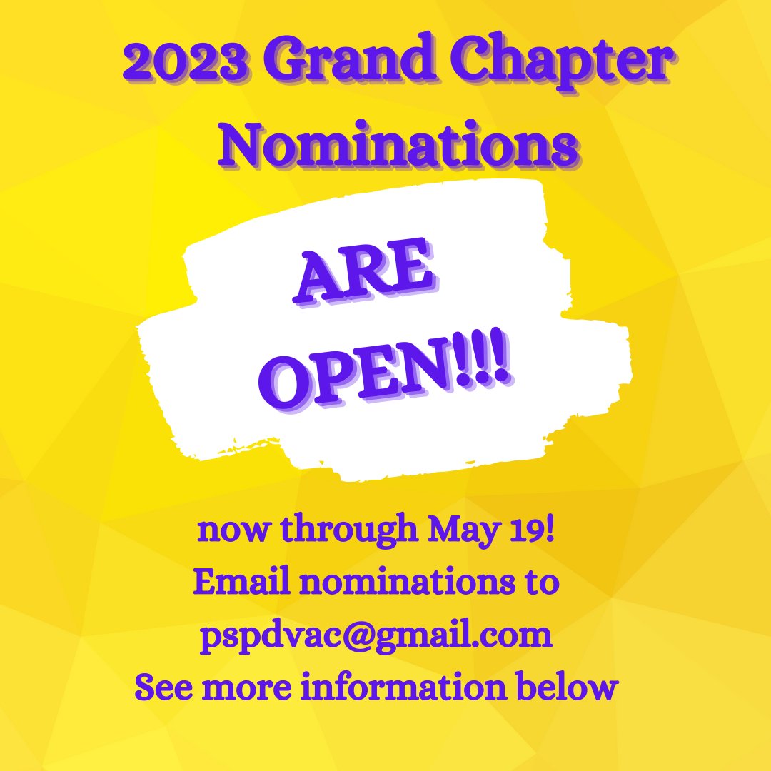 PSPDVAC's tweet photo. DVAC Grand Chapter Delegate (and Alternate) nominations are OPEN! Nominations can be sent to pspdvac@gmail.com
Timeline for DVAC Delegate Elections:
Nominations: May 10-19
Elections: May 20--May 31
Announce no later than: June 2 https://t.co/eeV9S6zgMb