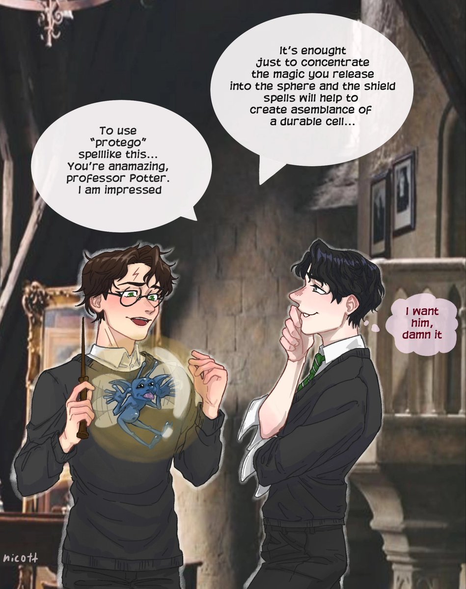 young professor-intern Potter and slytherin prefect Tom Riddle
(sorry, my english is really bad) 

#hp #harrypotter #tommarvoloriddle #voldemort #tomarry