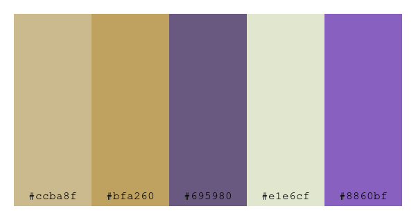 ColPaletteBot's tweet image. Beep beep, here&apos;s a pretty color palette for you! 

color-scheme.js parameters used: 
- hue: 285
- variation: soft
- colors: #ccba8f, #bfa260, #695980, #e1e6cf, #8860bf

Have a lovely evening!

#twitterbot #colorpalette #colors #palette #prettycolors