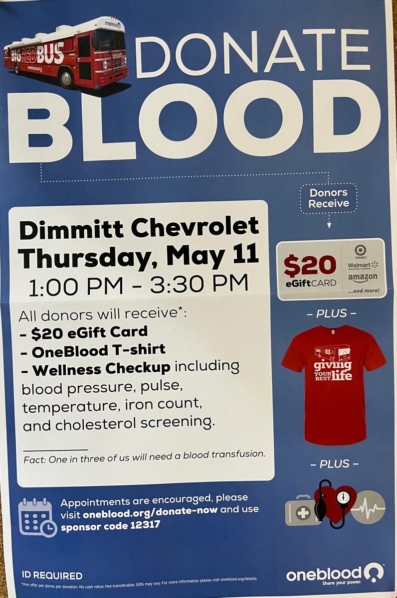 Tomorrow we are hosting the #BigRedBus at Dimmitt Chevrolet from 1pm - 3:30pm. Help save lives by donating blood and join us in helping our community! 🩸✨ All donors receive: $20 eGift Card, OneBlood T-shirt and a wellness check-up! #AllInForHealth #BloodDrive