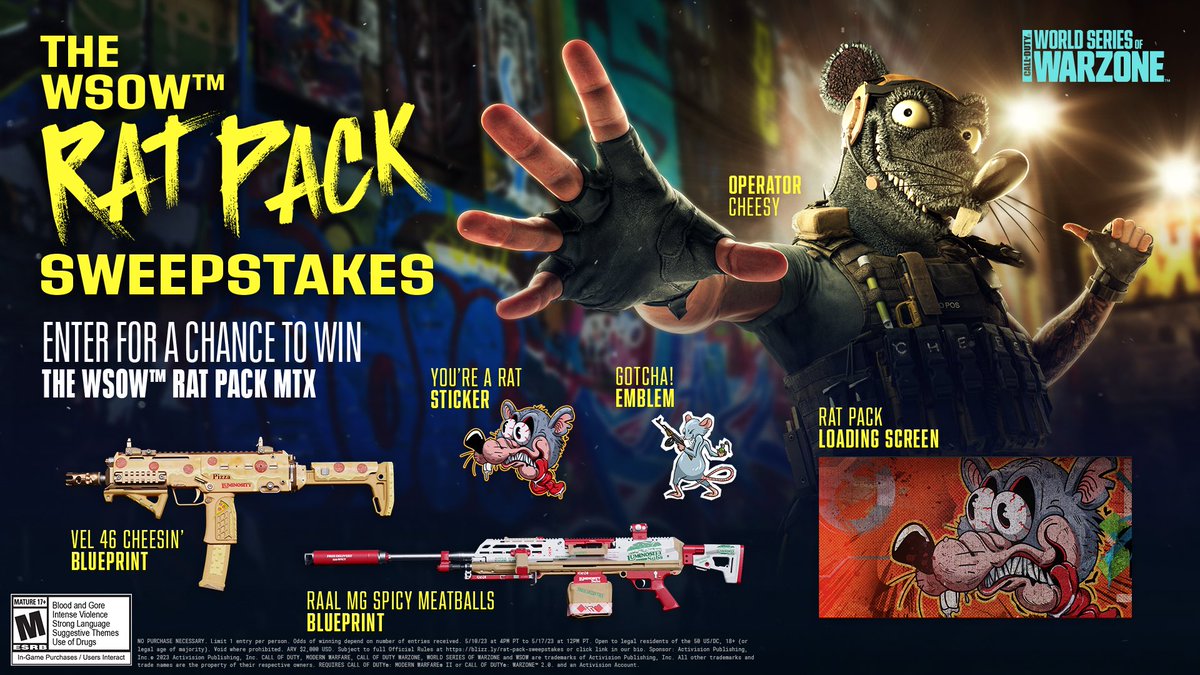 Call of Duty Esports (@cod_esports) on Twitter photo We're giving away some #WSOW Rat Packs to random lucky winners! 🧀🐀
To Enter:
✅ Follow <a href="/COD_Esports/">Call of Duty Esports</a>
🔁 Retweet this post
💬 Comment #WSOWsweepstakes
Sweepstakes ends 5/17 @ 12 PM PT! Click the link in the bio for more info. We're giving away some #WSOW Rat Packs to random lucky winners! 🧀🐀
To Enter:
✅ Follow <a href="/COD_Esports/">Call of Duty Esports</a>
🔁 Retweet this post
💬 Comment #WSOWsweepstakes
Sweepstakes ends 5/17 @ 12 PM PT! Click the link in the bio for more info.