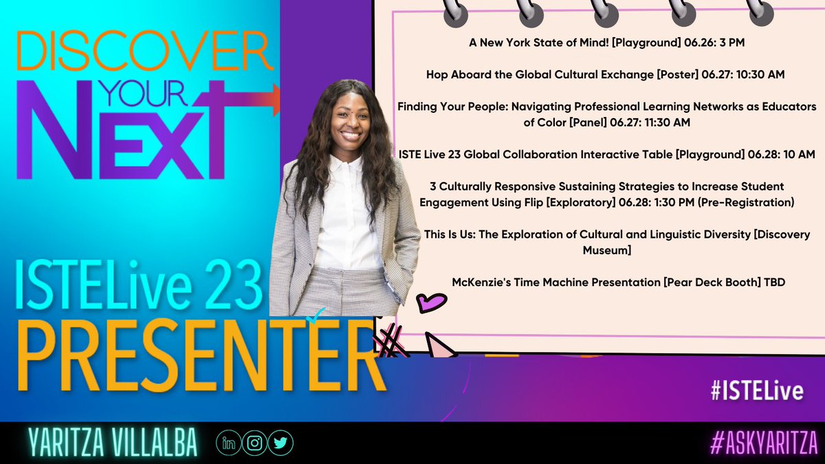 I am beyond thrilled for my 7 sessions at #ISTELive 23🎉

🔔PRE-REGISTRATION REQUIRED FOR: 

3 Culturally Responsive Sustaining Strategies to Increase Student Engagement using @MicrosoftFlip

🗓️Wed, June 28 | 1:30 – 2:30 PM

✔️ Exploratory Creation lab
✔️Session Code: CLE421