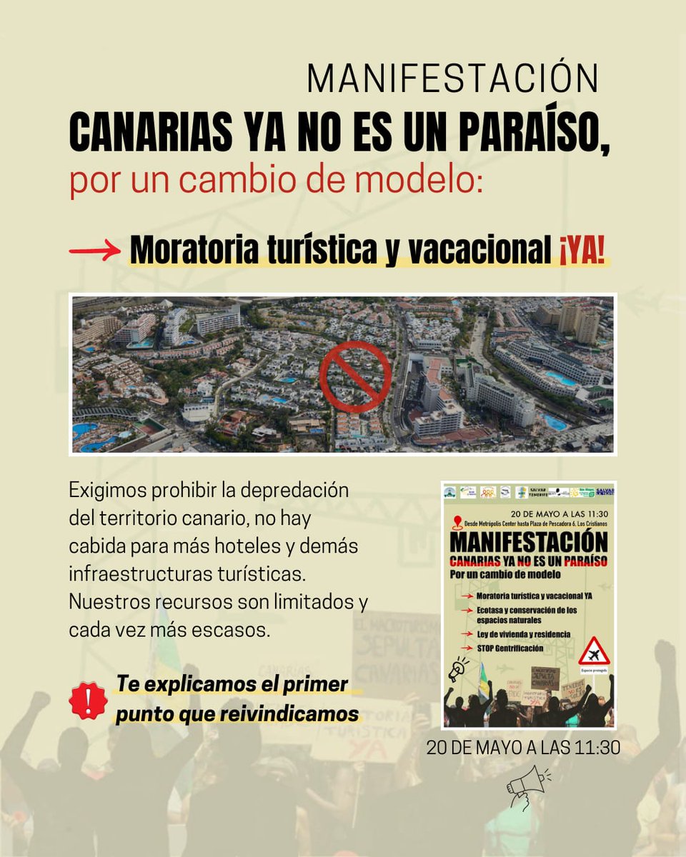 📢MANIFESTACIÓN EL 20 DE MAYO, Canarias ya no es un paraíso, por un cambio de modelo.