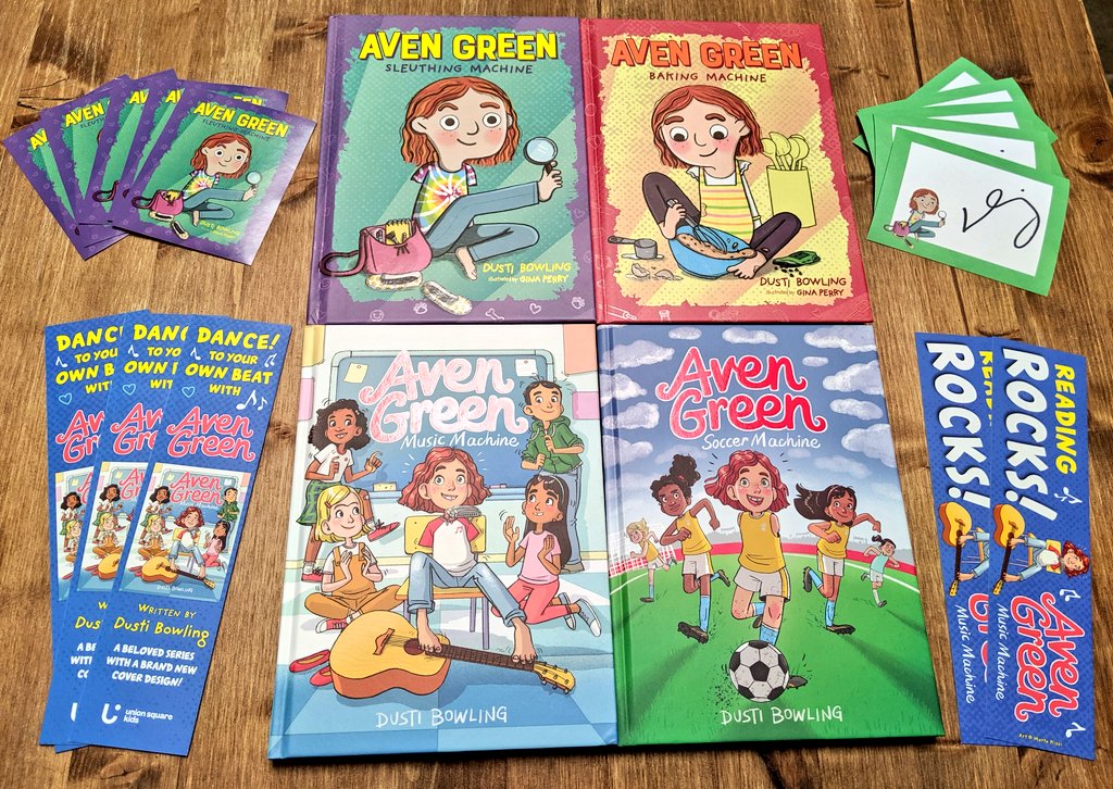 Educators! I'm giving away a signed set of AVEN GREEN chapter books w/ some stickers and bookmarks. To enter to win, RT/F/Comment w/ the name of an amazing elementary school educator you'd like to give these to. Thanks for everything you've done this school year 💜🔍♥️🧁💙🎸💚⚽