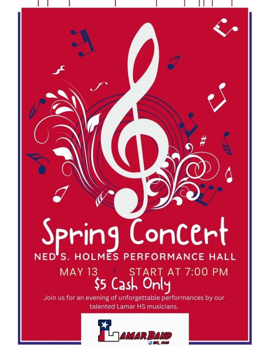 Everyone is cordially invited to our Spring Concert on Saturday, May 13, 2023 starting at 7pm at the Ned S. Holmes Performance Hall. The concert ticket price is $5 -- CASH ONLY. 

Bring your friends and family!!!

#thelamarband #springconcert #aneveningofmusic