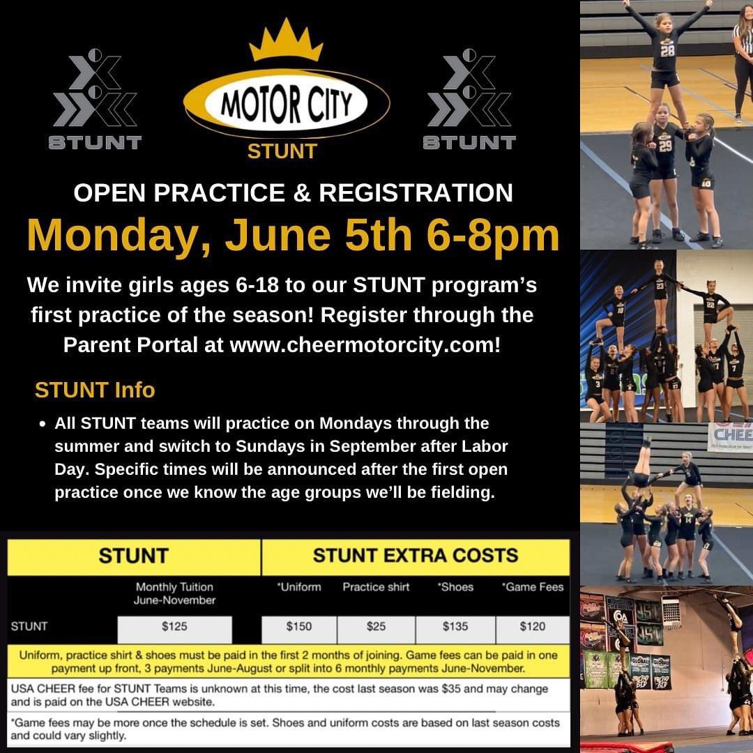 stuntmotorcity's tweet photo. ‼️MARK YOUR CALENDARS!‼️ Monday, June 5th will be our FIRST PRACTICE of the new season! No prior experience required, just register through the Parent Portal and come have some fun! We’re excited to see YOU soon!! #STUNTtheSport #DingDing https://t.co/ajdn5IUjRD