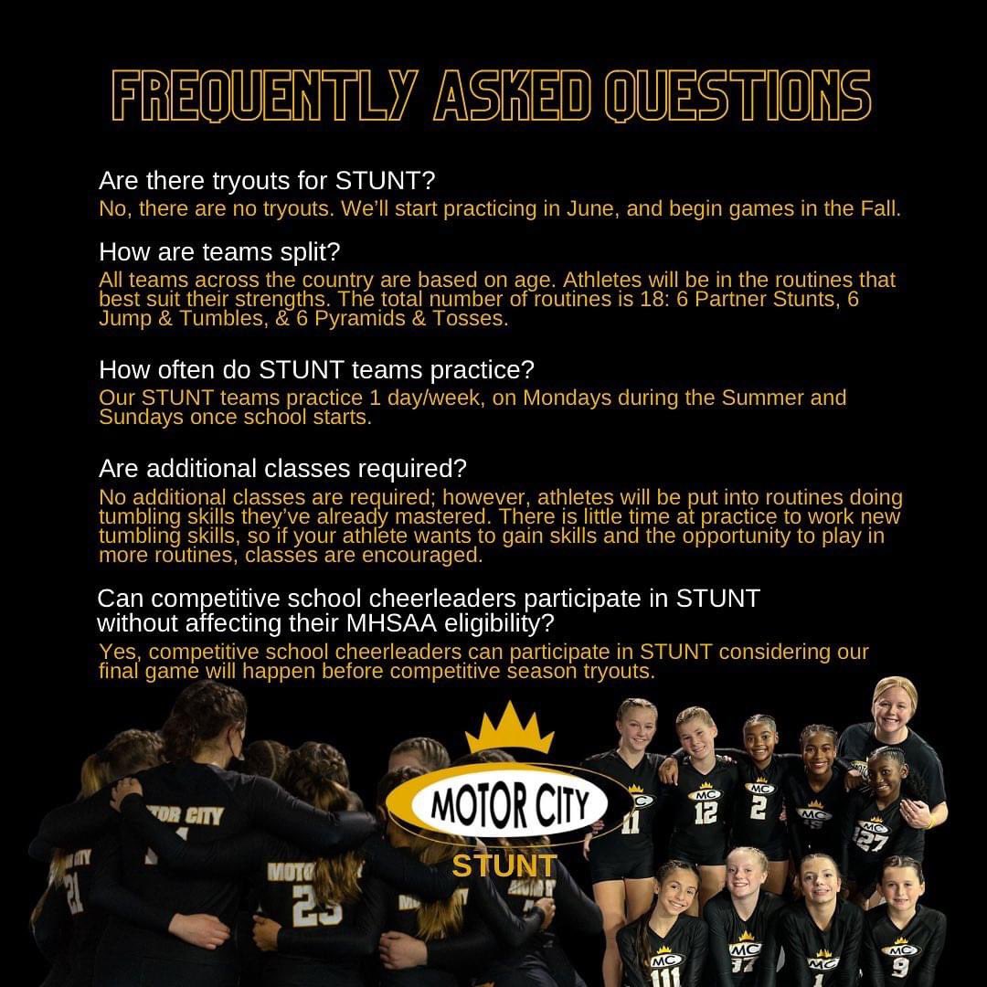 stuntmotorcity's tweet photo. ‼️MARK YOUR CALENDARS!‼️ Monday, June 5th will be our FIRST PRACTICE of the new season! No prior experience required, just register through the Parent Portal and come have some fun! We’re excited to see YOU soon!! #STUNTtheSport #DingDing https://t.co/ajdn5IUjRD