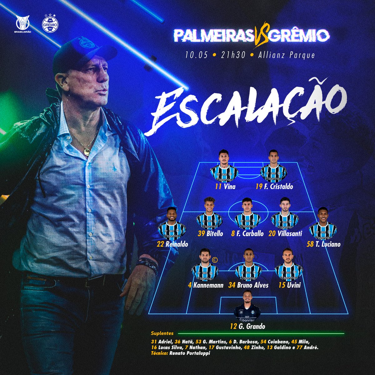 Gremio's tweet photo. 📋 ESCALAÇÃO DO TRICOLOR!
🇪🇪 #PALxGRE #Brasileirão2023 https://t.co/JNhFnMpYzb