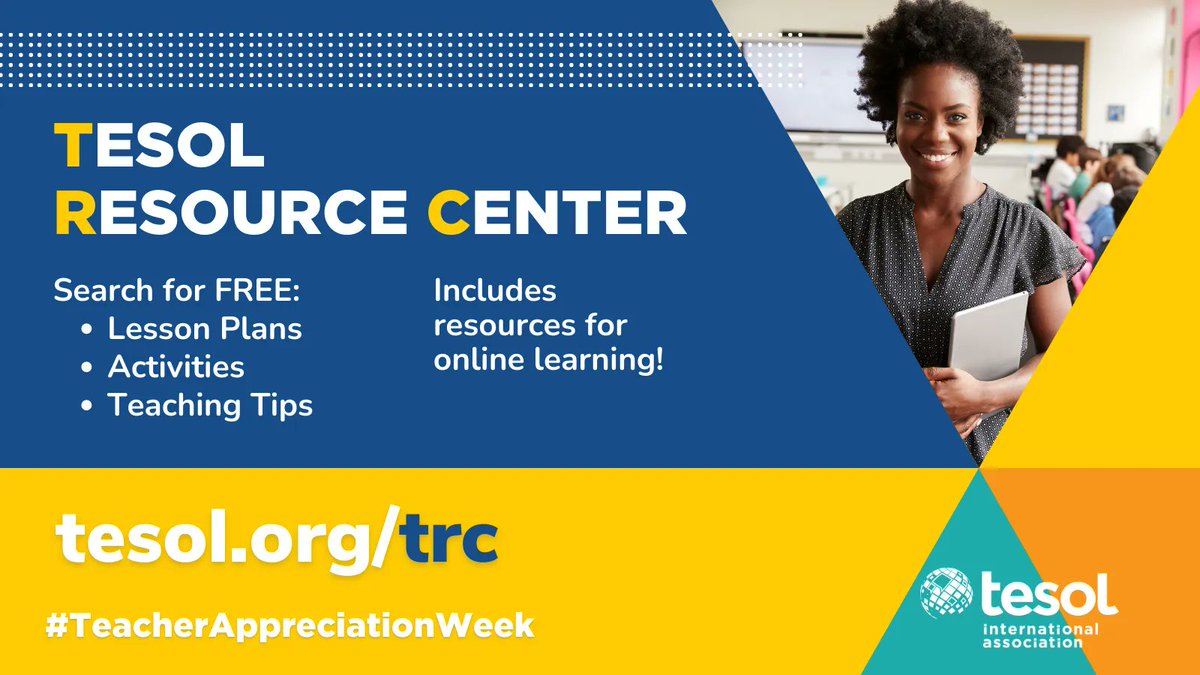 TESOL_Assn's tweet photo. Did you know? #TESOL hosts an online Resource Center with lots of free tips, activities, and lesson plans! Check it out at https://t.co/MLZRRVZntG #ThankATeacher #TEFL #TESL #TESOLtrc #TESOLresources https://t.co/lCLPX2xeTu