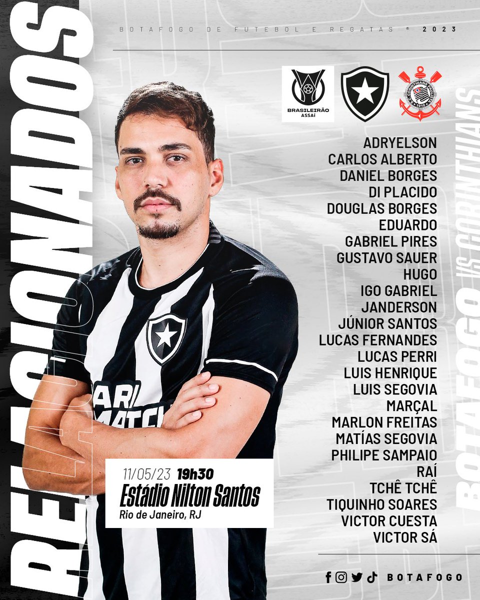 Botafogo's tweet photo. Atletas relacionados para o jogo com o Corinthians, nesta quinta, pelo Brasileirão. 📄⚽️ #VamosBOTAFOGO https://t.co/sUtuM855Gj