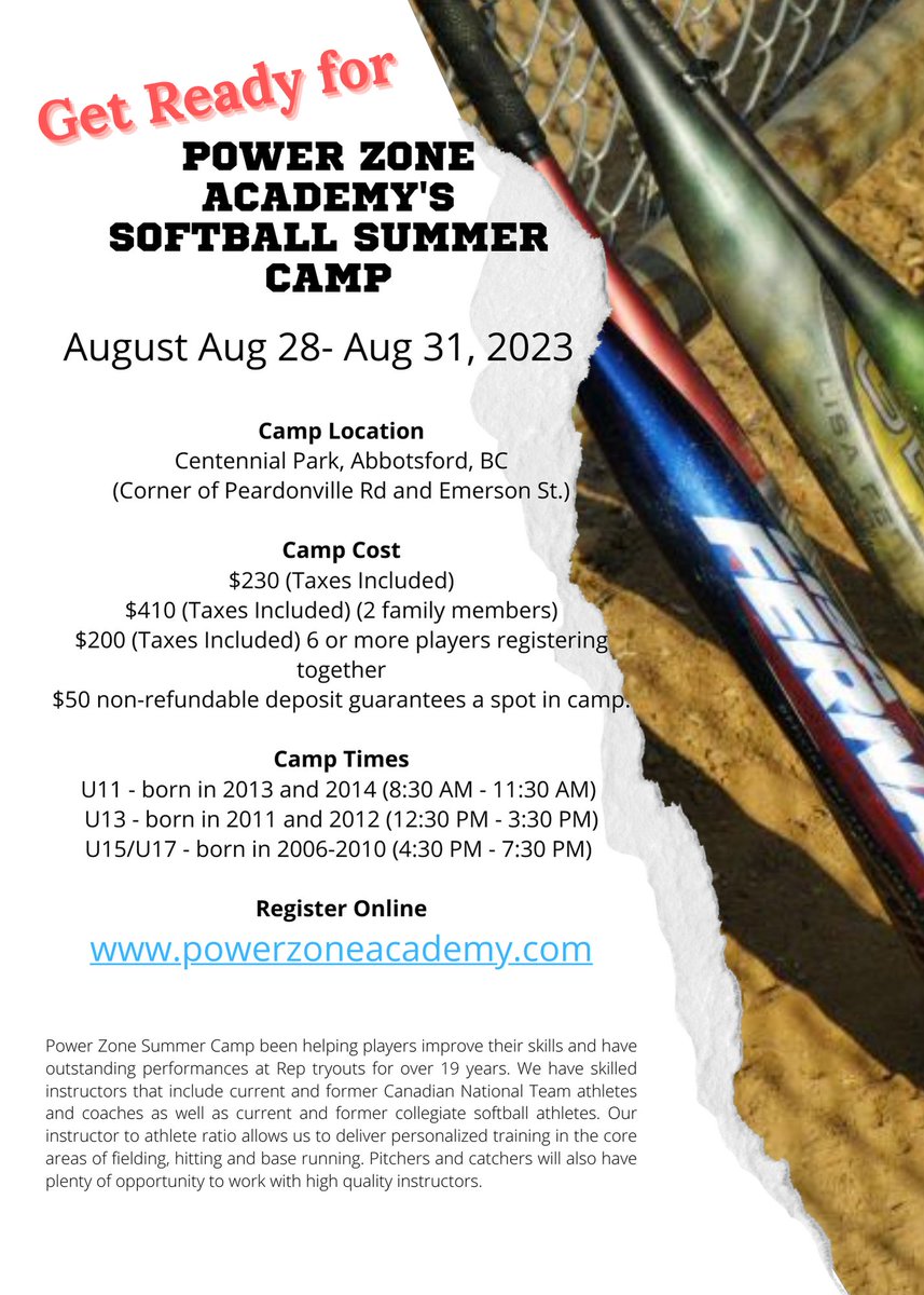 powerzoneball's tweet photo. Power Zone Softball Summer Camp 2023 is filling up so register soon! Congratulations to the winner of the Power Zone 20th Anniversary Draw for a free camp registration. - https://t.co/M3cijq7wPr https://t.co/s7DiaT5rnP