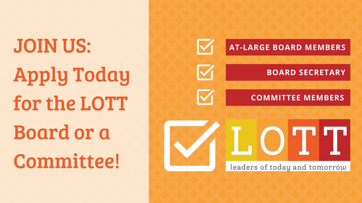 Join us as a LOTT Board or Committee Member!

We're reviewing your applications for these roles now: 

- Board Secretary
- At-Large Board Member
- Committee Member (Communications, Governance, Programming, or Resource Development)

Apply today: wearelott.org/join-the-board