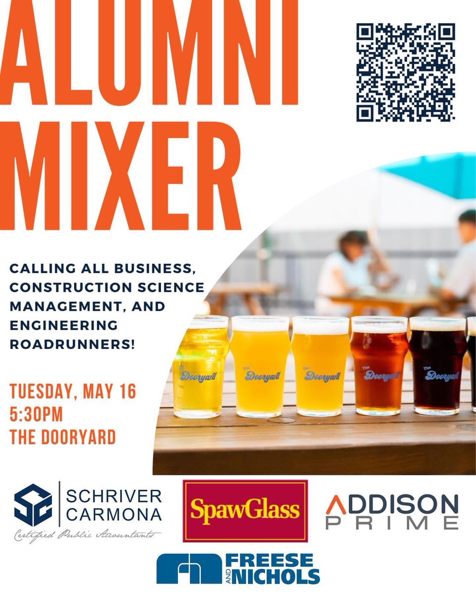 utsaengralumni's tweet photo. There is still time to sign up for next Tuesday’s Alumni Mixer at the Dooryard in the 210! 15 engineering tickets remain! $10 gets you drinks & appetizers! #birdsup #utsaengineering
Thank you to our sponsors Schriver Carmona, @SpawGlass1953 , Addison Prime, & @FreeseNichols 🤙 https://t.co/YCYjzj5LVs
