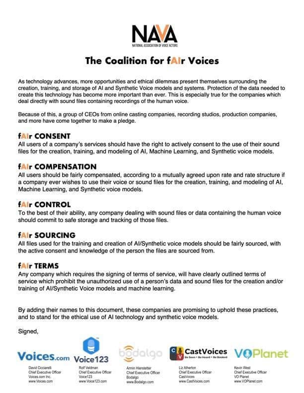 NAVA is pleased to announce the formation of the fAIr Voices Coalition. Over the past two weeks president, Tim Friedlander, and Vice-President, Carin Gilfry, have talked with the CEOS of the 5 major voiceover online casting companies about AI and synthetic voice production.