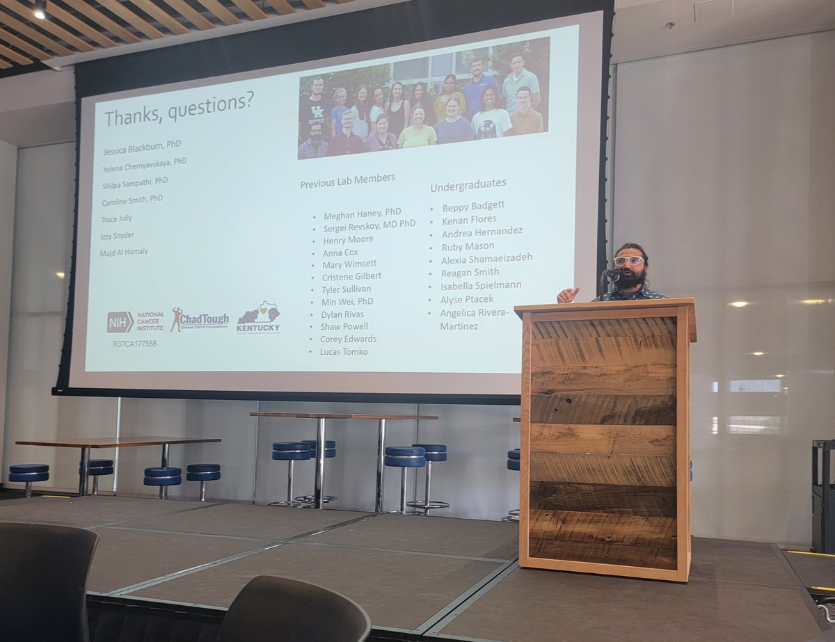 TheBlackburnLab's tweet photo. Dept retreat today, and our lab did not come to play! 😁 Viral Oza gave a great talk on #dipg relapse, @MajdHamaly talked about using #zebrafish screens to find new drugs for leukemia, and our undergrad Ty Cheatham gave his poster on prl3's #phosphatase activity. @MCCTrainees https://t.co/Gns1uq5udj