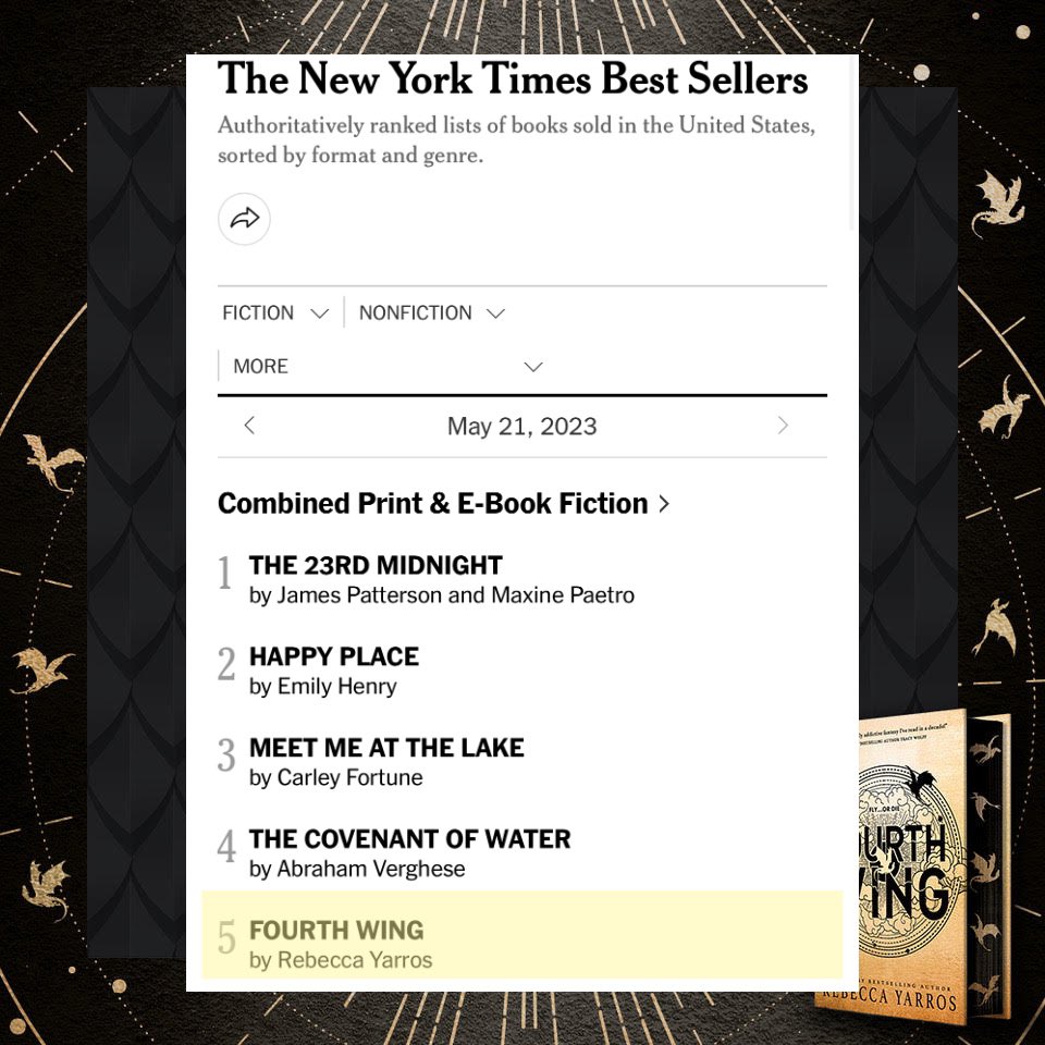 Fourth Wing is a New York Times Bestseller! #2 in Hardcover #5 in Combined Print & E-Book Fiction! Crying.