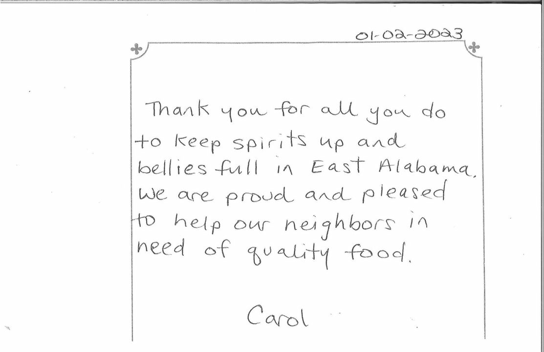 From one of our faithful donors--she made our day with her sweet note!  #foodbank #fbea #auburnal #gratitude #supportyourneighbor