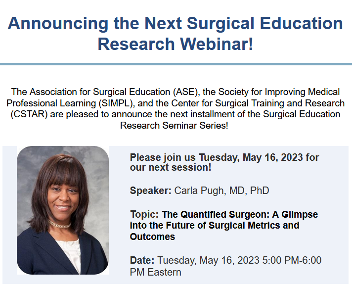 Association for Surgical Education (@surg_education) on Twitter photo We are thrilled to announce the next Surgical Education Research Webinar with <a href="/CarlaPughMDPhD/">Carla Pugh MD PhD</a> ! Mark your calendars for May 16th at 5:00 PM Eastern We are thrilled to announce the next Surgical Education Research Webinar with <a href="/CarlaPughMDPhD/">Carla Pugh MD PhD</a> ! Mark your calendars for May 16th at 5:00 PM Eastern