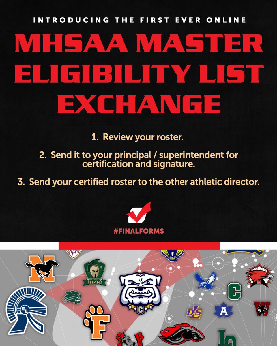 FinalForms's tweet image. Introducing: MHSAA Master Eligibility List Sharing via FinalForms! #Michigan schools can now send @MHSAA Master Eligibility Lists with the click of a button using #FinalForms.