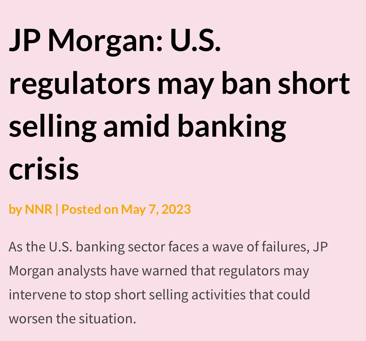 WallStreetApes's tweet photo. Does this sound familiar?
From the article: " share prices do not reflect the underlying fundamentals of the banks." And, "some. have accused short sellers of manipulating the market and spreading fear among investors..
If SHORTING BANK stocks cause the price to decline, what do they think happens to ALL other stocks that are shorted? The retail investor has lost TRILLIONS due to shorting activity.
But of course they ONLY care because it’s happening to their precious banks, they must save the 1%
https://t.co/KEwUtjKOAm