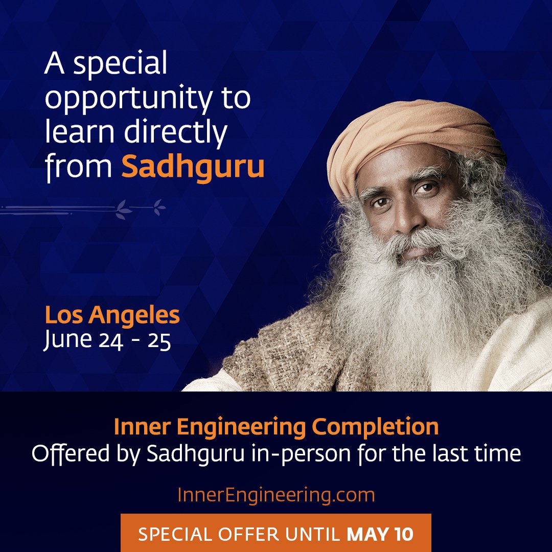 ConventionLA's tweet photo. Inner Engineering Completion, offered in-person by @SadhguruJV, will be at the #LAConventionCenter June 24-25. A special offer for the event is good through today, May 10, 2023. Register for the event at https://t.co/X2DNEeHk2j @IshaUSA #LosAngelesConventionCenter #ASMGlobal https://t.co/yYfJpOaIOU