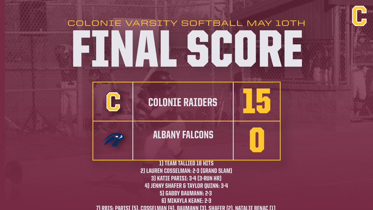 A huge offensive explosion highlighted by a GRAND SLAM from @lcosselman21 & a 3-Run Homer from @katie.parisi help Varsity end the regular season with a W‼️ Next stop➡️SECTIONALS💪🏻 #StayHot #GoRaiders