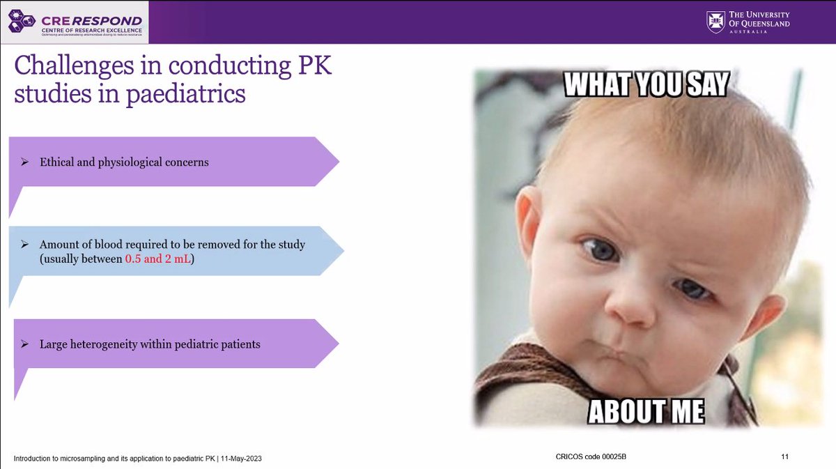 CRE_RESPOND's tweet image. Yarmarly G Valero #UQCCR provides an Introduction to #microsampling - application to paediatric PK studies, at the CRE RESPOND Microsampling seminar today, in Brisbane, Australia
@UQMedicine 
@NCAS
@MCRI_for_kids 
@RCHMelbourne 
@childhealthqld 
@CHUNimes
@Pfizer @GileadSciences