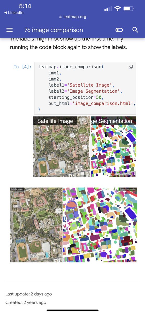 This is really useful: one line of code to get a slider showing a map along with something like a segmentation in a Jupyter Notebook, useful for getting quick preview of geospatial machine learning results for example:

leafmap.org/notebooks/76_i…