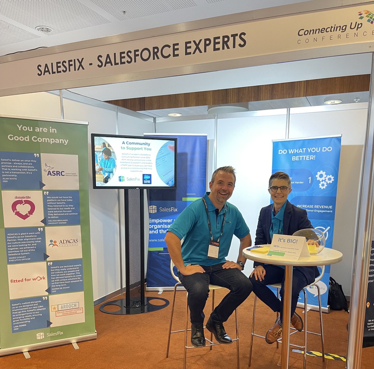 Are you at the Connecting Up conference today?

We are and we would love to chat to you about how Salesforce can help you do what you do better for your organisation.

Come and say hello to Nicole Aebi-Moyo and Matthew Brine from the SalesFix Team.
#CU2023 #salesforcepartner