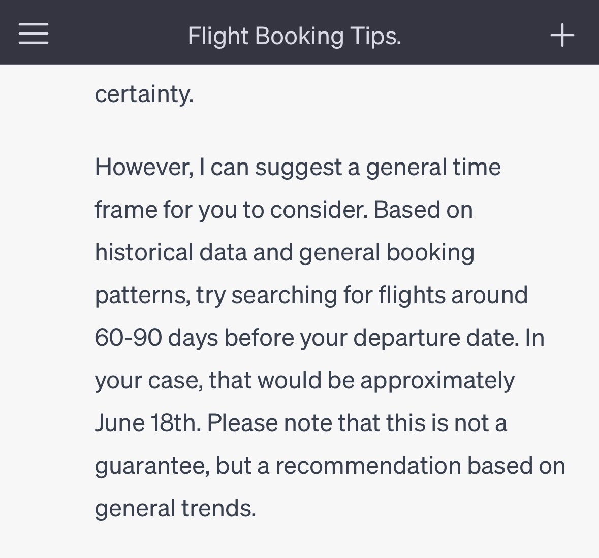 Can ChatGPT save you money when booking a flight? 

HKG>LDN, arriving: 17th August

ChatGPT recommending booking on June 18th. 

Will monitor and validate 🛫👨‍✈️

#FlightBookings #ChatGPT