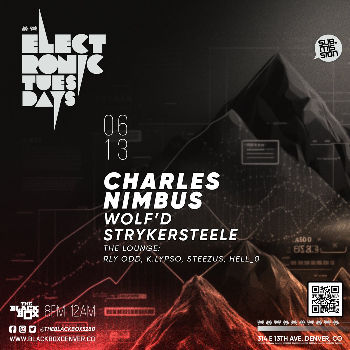 Just announced!
--
06.13 (Electronic Tuesdays)
<a href="/subdotmission/">Sub.mission</a> presents:
<a href="/charlesnimbus/">charles nimbus</a> w/ <a href="/Wolfdmusic/">Wolf'd</a>, <a href="/StrykerSteele/">Stryker Steele Holland</a> 

The Lounge:
RLY ODD, K.lypso, Steezus, Hell_0
--
Tickets on-sale at 11:00am MT on Thursday:
bit.ly/CharlesNimbusJ…