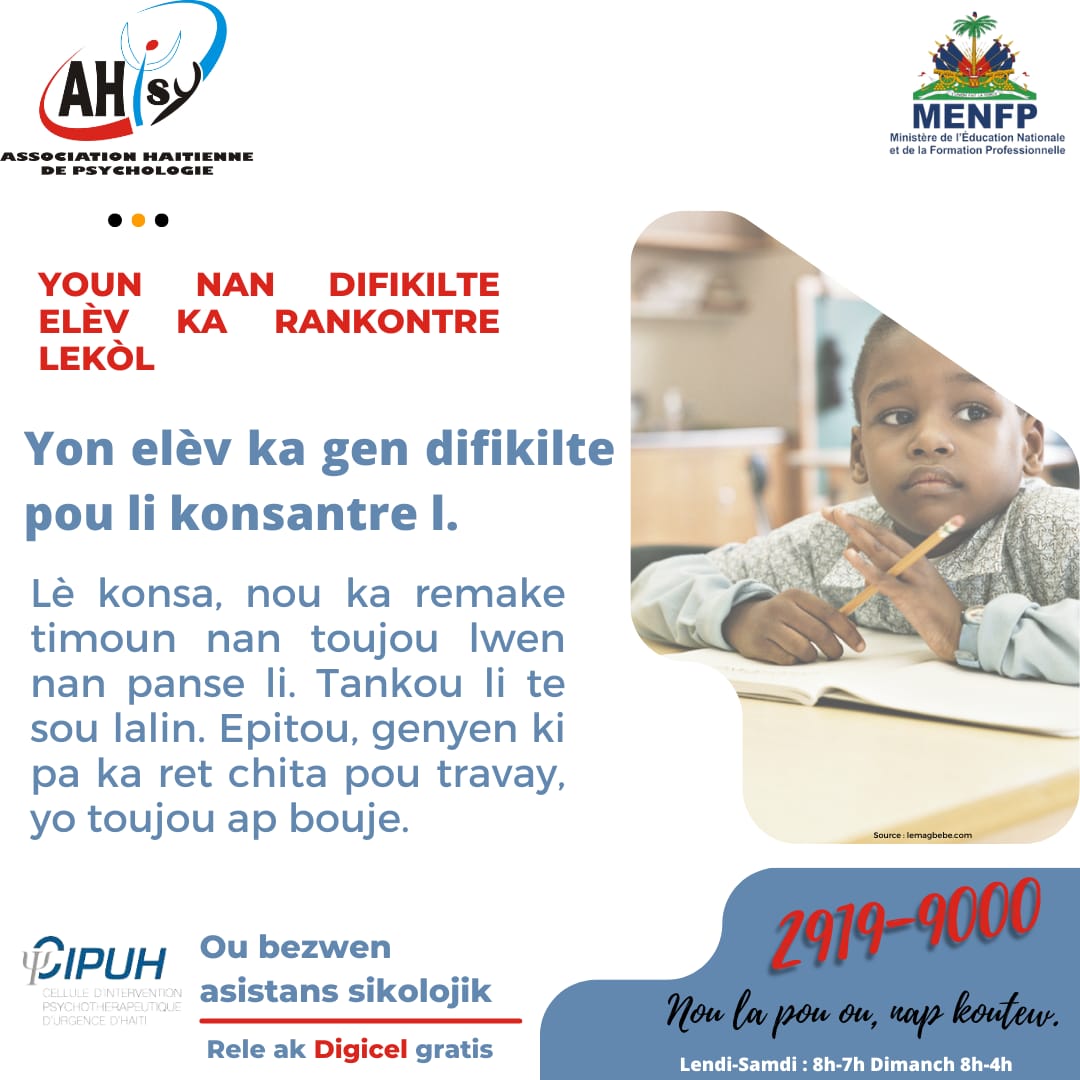 psyhaiti's tweet image. Difikilte timoun ak jenn ka rankontre lekòl yo anpil. Gen tout kalte koz ki kapab pwovoke yo. Jeneralman, difikilte sa yo gen enpak dirèk sou randman elèv yo nan lekòl, nan relasyon yo ak kamarad e pwofesè yo @MENFP_Education 
#difikiltetimoun
#Lekòl 
#Pwofesè