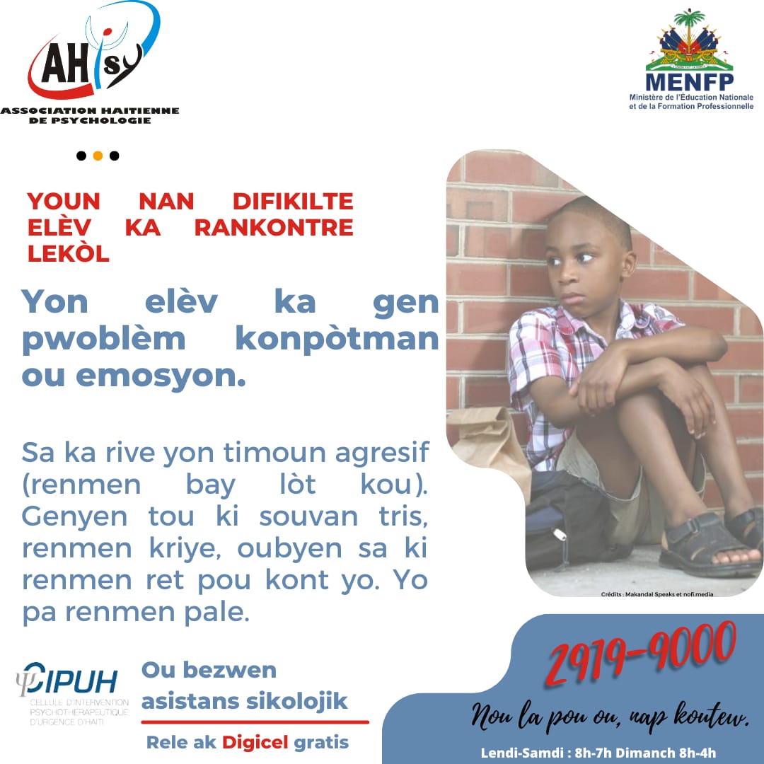 psyhaiti's tweet image. Difikilte timoun ak jenn ka rankontre lekòl yo anpil. Gen tout kalte koz ki kapab pwovoke yo. Jeneralman, difikilte sa yo gen enpak dirèk sou randman elèv yo nan lekòl, nan relasyon yo ak kamarad e pwofesè yo @MENFP_Education 
#difikiltetimoun
#Lekòl 
#Pwofesè