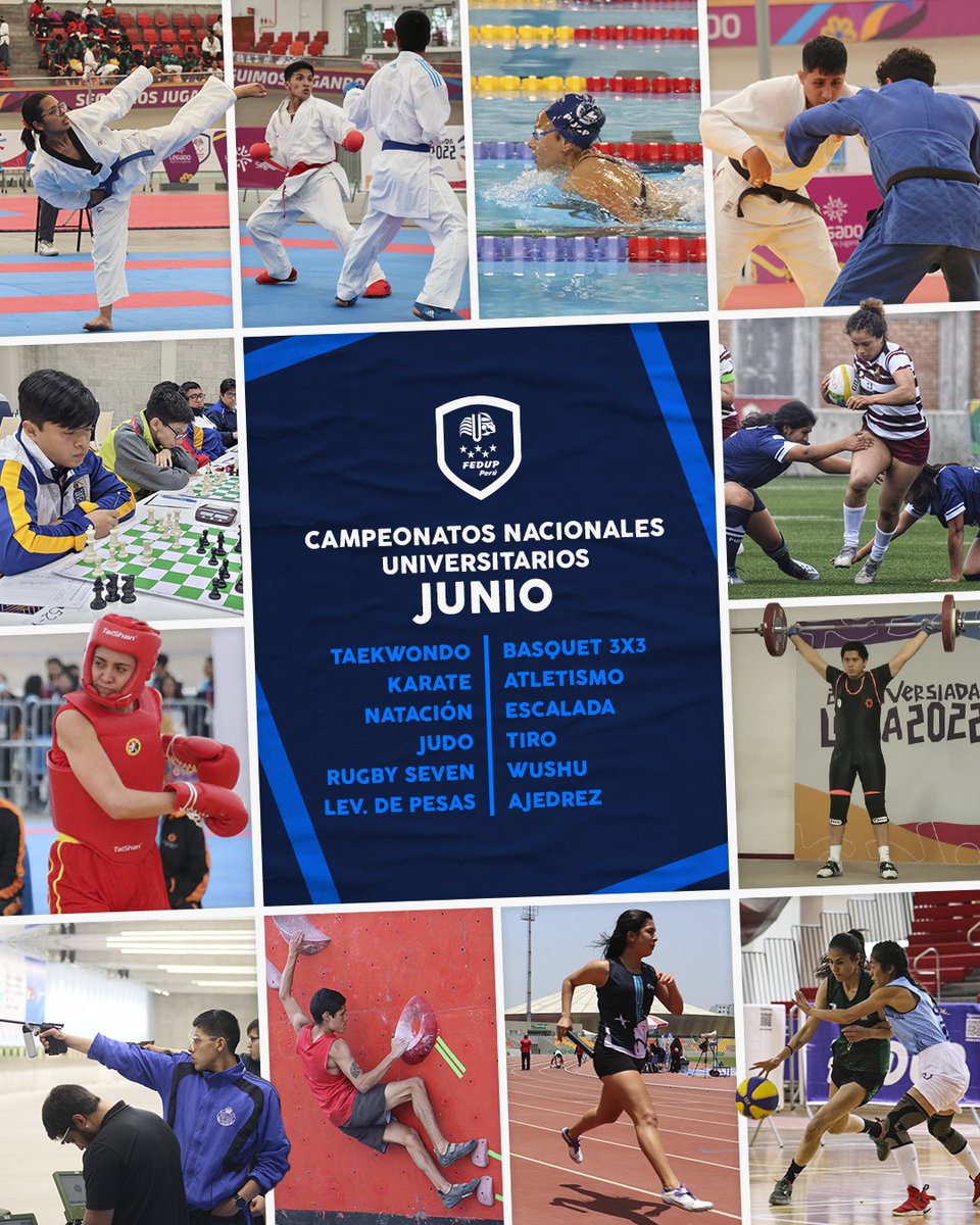 perufedup's tweet photo. 🏆 EL DEPORTE UNIVERSITARIO OFICIAL, EN #FEDUP ⚡
El mes de #Junio estará cargado de todas las competencias:

#Taekwondo 🥋 #Karate 🥋 #Natación 🏊 #Judo 🥋 #RugbySeven 🏉 #LevantamientoDePesas 🏋🏽 #Basquet3x3 🏀 #Atletismo 🏃🏽‍♀️ #Escalada 🧗🏼‍♂️ #Tiro 🔫 #Wushu 🐲 #Ajedrez ♟️

@ipdperu https://t.co/jU5l7V1kD4