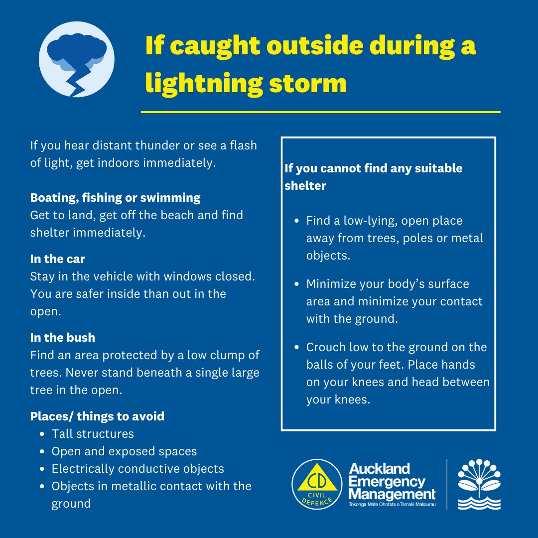 Næste aften Troubled Auckland Emergency Management (AEM) on Twitter: "What to do if you are  caught outside during a lightning storm⚡️ https://t.co/F0egTk1m6u" / Twitter