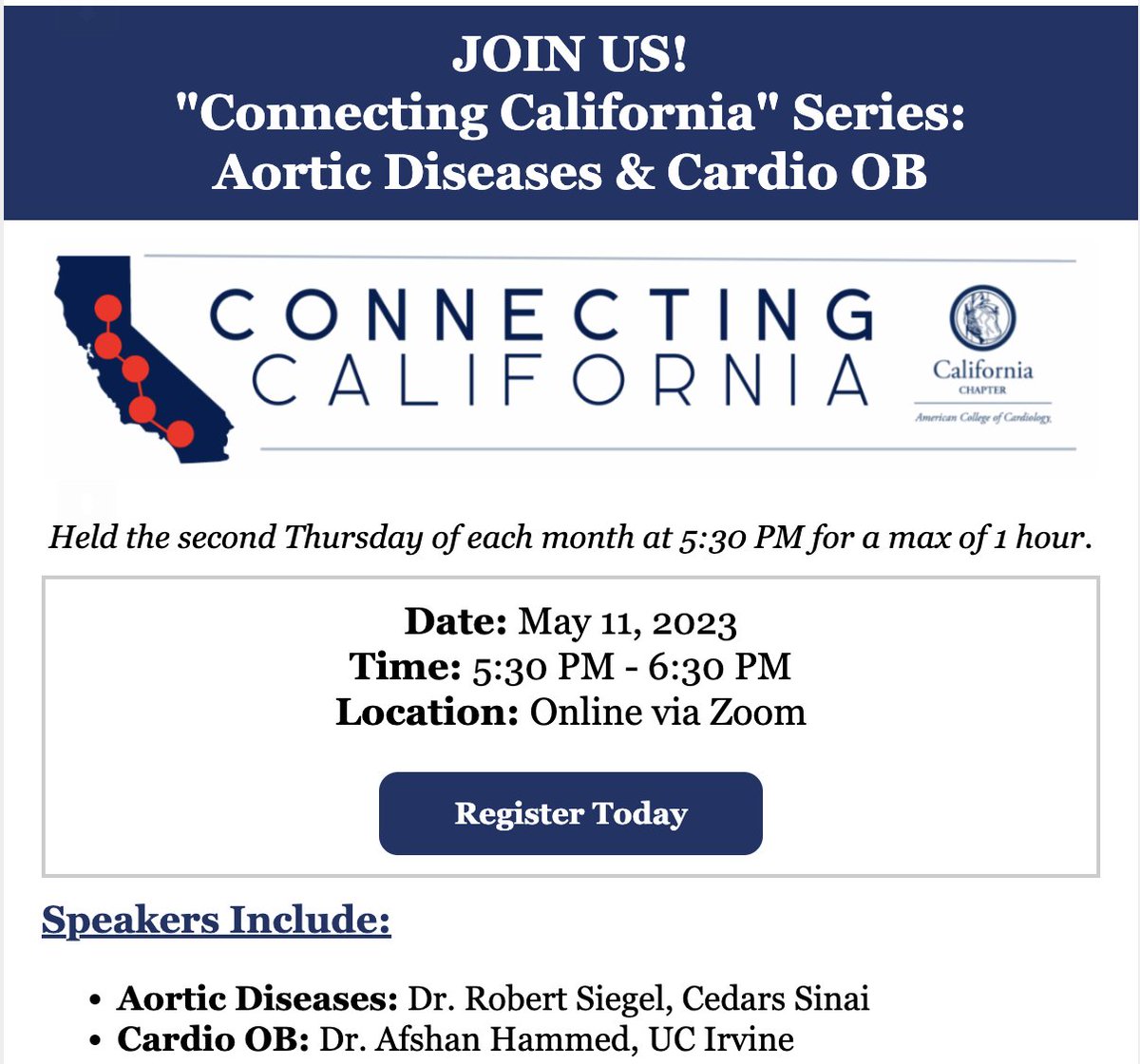 Register to join our next installment of rapid-fire🔥 FIT teaching with @CaliforniaACC! Learn about: 1) aortic diseases and 2) cardio-OB! @acc_fit @JamalRanaMD @AAHilliardMD @CardioDocNikhil @NissiSuppogu @pjmarano1. Register here: us06web.zoom.us/meeting/regist…