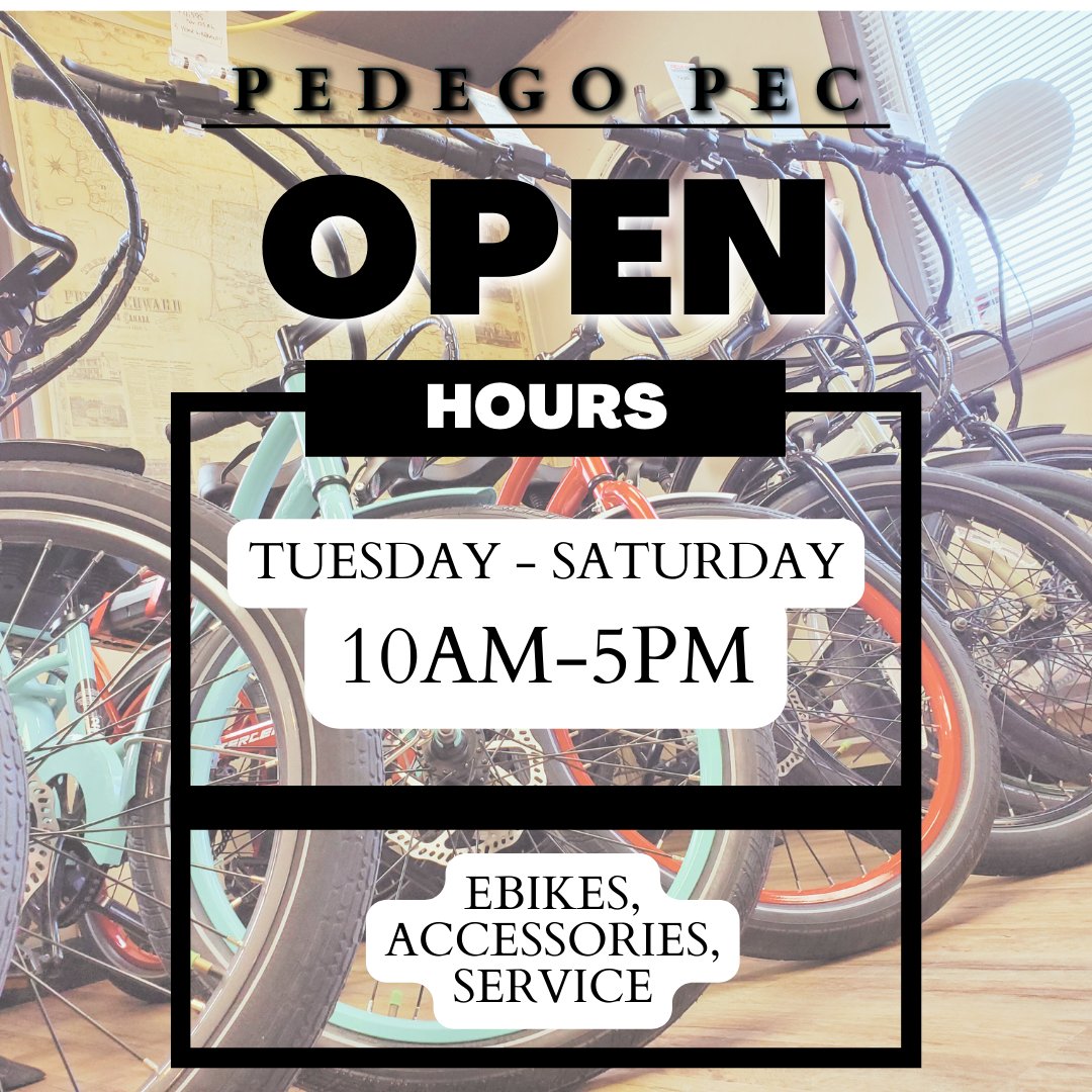 PedegoPEC's tweet image. We are now open Tuesday – Saturday . 10AM – 5PM.
Come by our show room to view our selection of e-bikes, accessories, or to get your bike serviced!
#pedegolove #pedegopec #hellofun