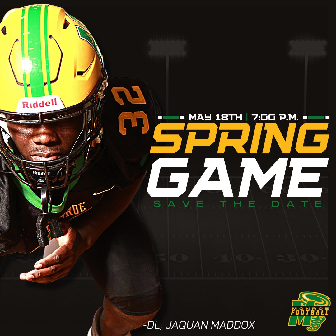 MonroeFTBL's tweet photo. Almost that time! Spring football around the corner.  Thursday, May 18th, 7pm kickoff at High Mills Stadium vs Westover. Come check out the action! https://t.co/CoqrbgoZwg