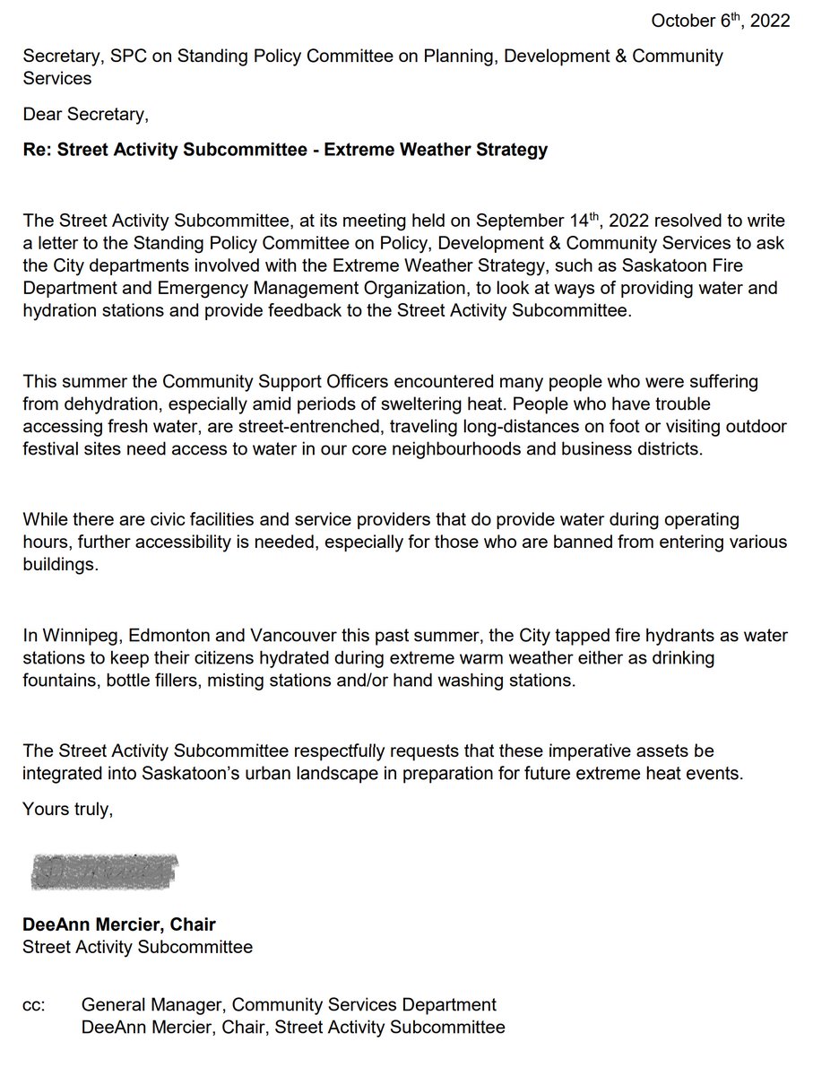 @SaskatoonEMO @SaskHealth @ECCCWeatherSK Did I miss the report back on ways of providing water and hydration stations? It was to be received ahead of spring 2023. Temps of 30°C are expected next week already.  #yxecc