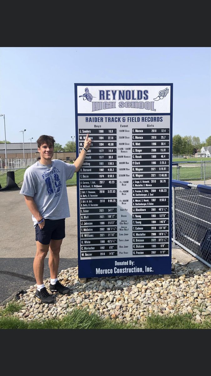 Reynolds standout Haydin McLaughlin sets a new 100 meter dash record at Reynolds, 10.8. Previous record was set in 1966, 10.9 by Jim Sanders. Converted from 100 Yard dash. 1966!!! Congratulations Haydin!