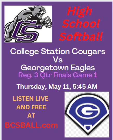 bcs_ball's tweet photo. LISTEN LIVE AND FREE, Thursday, 5-11 at 5:45 PM #CollegeStationSoftball vs #GeorgetownSoftball Reg 3 Qtr Finals on https://t.co/tBAZQI5vIe. Please ReTweet @CSHSCougarClub @CSHSSoftball @CSISDAthletics @CSHighSchool @GHSeagles127 @GHS_EagleSB @EFND_Baseball https://t.co/Ci73DPjV3k