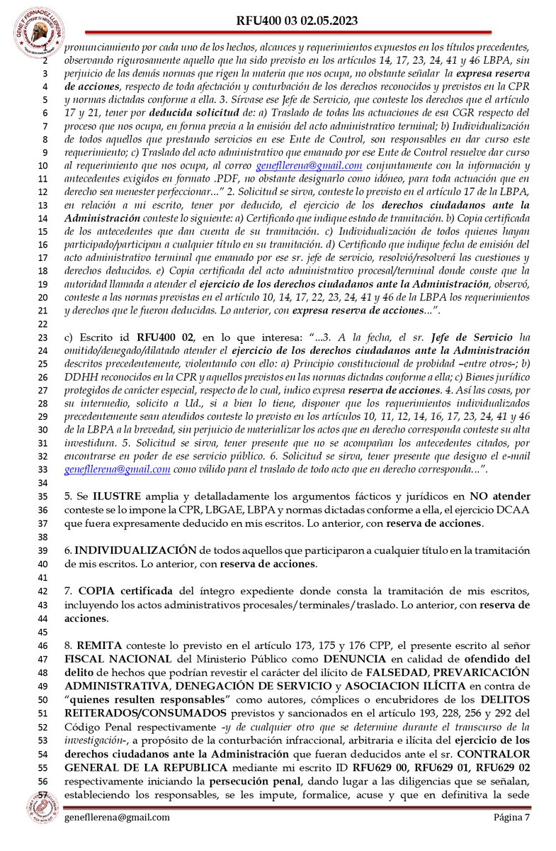 gene_llerena's tweet photo. 15. DENUNCIANDO en sede administrativa al sr. contralor general @contraloriacl y PENAL ante el sr. Fiscal Nacional eventuales DELITOS deduciendo: a) reclamo administrativo, b) sumario administrativo c) destitución responsables, d) reiterando c/u requerimientos previos etc. https://t.co/KTJVBGgf3C