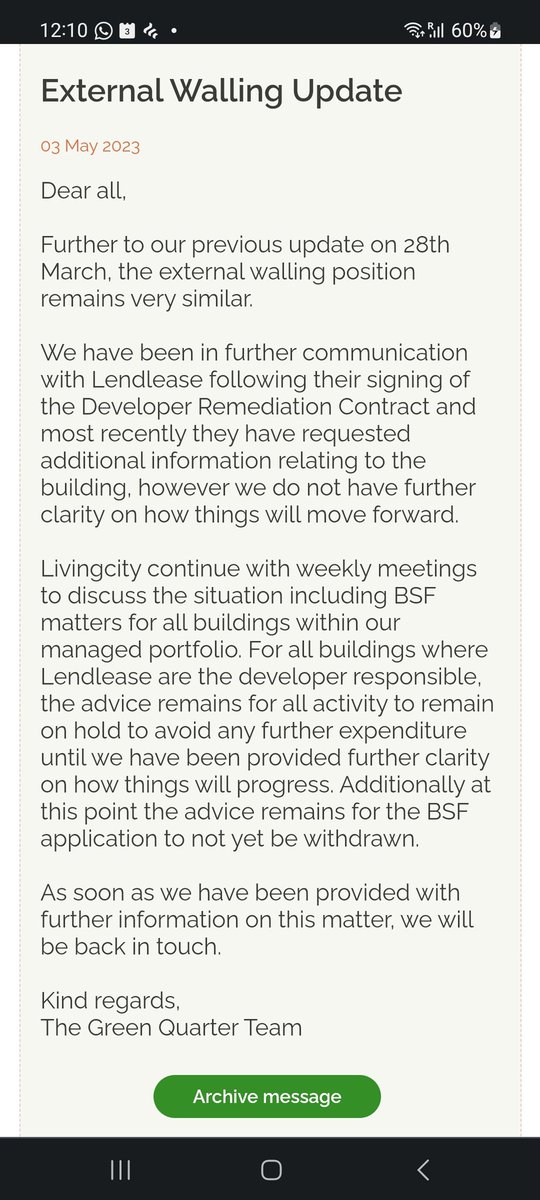 Finally <a href="/Lendlease/">Lendlease</a> sign the <a href="/michaelgove/">Michael Gove</a> remediation agreement &amp; we are now at a TOTAL standstill

Remediation &amp; funding to #EndOurCladdingScandal still nowhere in sight whilst we continue to live in fear, physically, mentally, &amp; financially trapped, almost 6 yrs after #Grenfell
