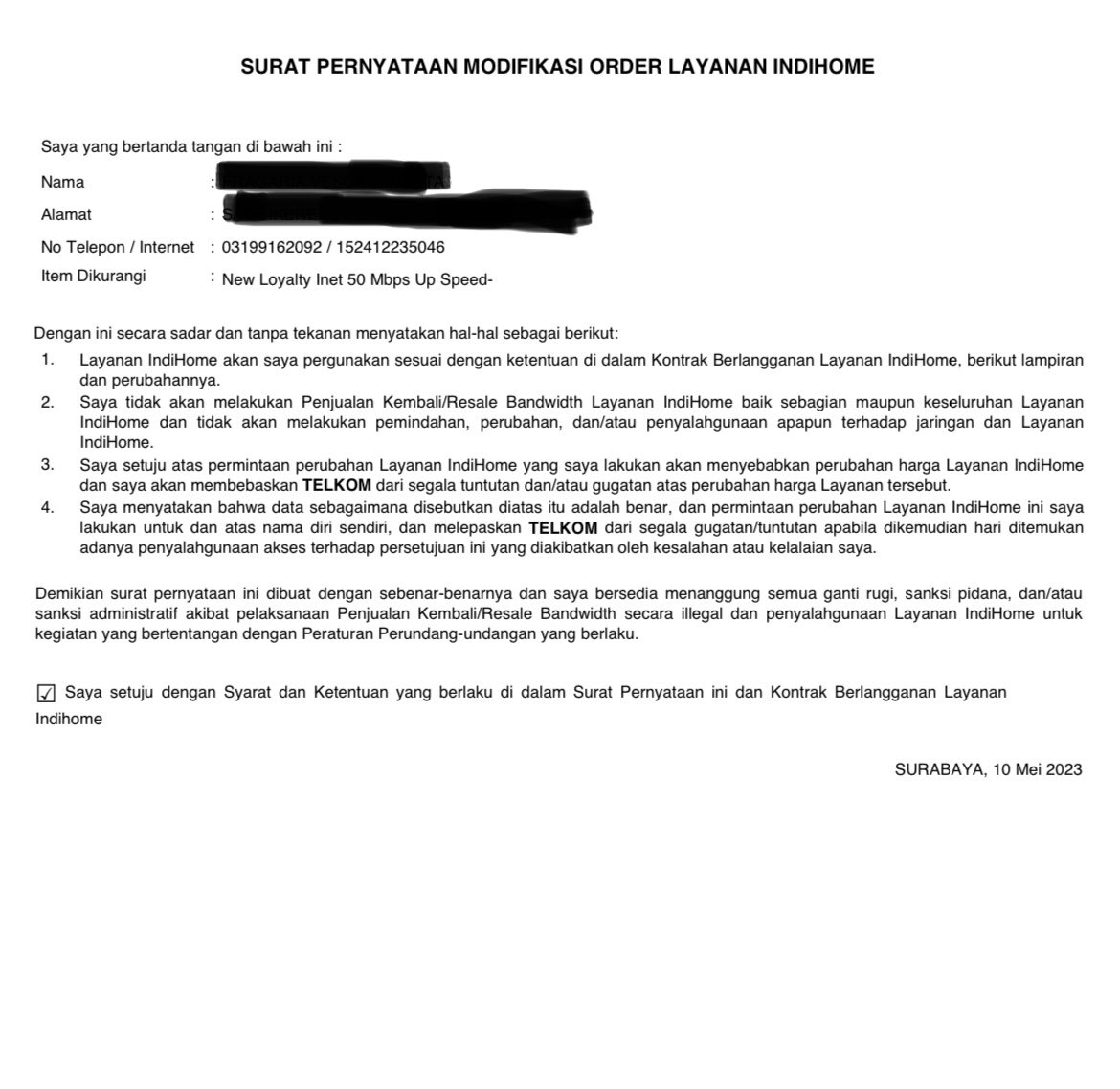 Selamat pagi <a href="/TelkomCare/">vil</a> 
Pagi ini dapat Notifikasi upgrade layanan, yang mana saya tidak menyetujui upgrade layanan tersebut. Mohon Penjelasan kenapa upgrade layanan tetap dijalankan tanpa persetujuan konsumen ya.?