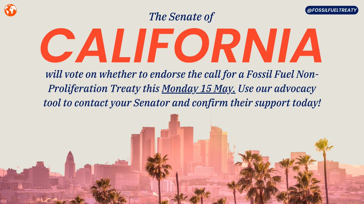 Fossil Fuel Non-Proliferation Treaty Initiative (@fossiltreaty) on Twitter photo A resolution to endorse the #FossilFuelTreaty proposal will likely go to a vote on the floor of the Californian Senate THIS Monday 15 May 🚨
Live in California? Use this <a href="/standearth/">Stand.earth</a> tool to contact your Senator asking them to support the resolution: stand.earth/CaliTreatyETT A resolution to endorse the #FossilFuelTreaty proposal will likely go to a vote on the floor of the Californian Senate THIS Monday 15 May 🚨
Live in California? Use this <a href="/standearth/">Stand.earth</a> tool to contact your Senator asking them to support the resolution: stand.earth/CaliTreatyETT